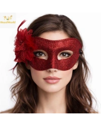 Kırmızı Simli Tüylü Balo Maskesi – Kadın Parti & Maskeli Balo Maskesi