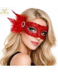 Kırmızı Taşlı Venedik Parti Maskesi – Tüylü Payetli