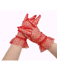 Kısa Boy Güpürlü Kırmızı Puantiyeli Tül Eldiven Kırmızı Renk