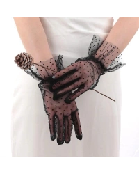 Kısa Boy Güpürlü Siyah Puantiyeli Tül Eldiven Siyah Renk