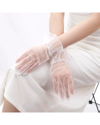 Kısa Boy Likralı Güpürlü Yetişkin Tül Eldiven Beyaz Renk