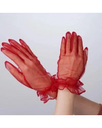 Kısa Boy Likralı Güpürlü Yetişkin Tül Eldiven Kırmızı Renk