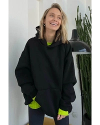 Koyu Siyah Kapüşonlu Şardonlu Oversize Sweatshirt MG1566