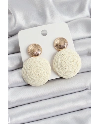 Krem Daire Figürlü Hasır Örgü Model Gold Renk Kadın Küpe