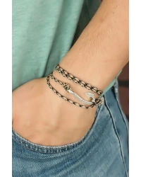 Krem Renk Çizgi Desenli Metal Kancalı Erkek Bileklik