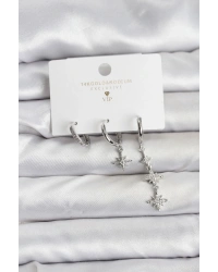 Kutup Yıldızı Model Gümüş Renk Pirinç 3lü Kadın Küpe Seti