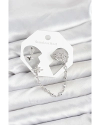 Kutup Yıldızı Model Pirinç Gümüş Renk Zincir Bağlantılı Ear Cuff Küpe Seti