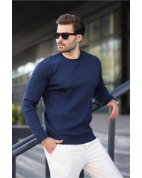 Lacivert Bisiklet Yaka Çizgili Uzun Kollu Kazak E7273