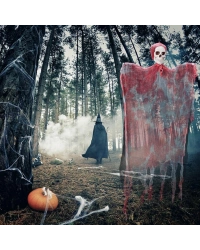 Led Işıklı Kahkaha Atan Sesli Sensörlü Ürpertici Kuru Kafa Kanlı Korku Hayalet Saçaklı Dekor 90x50 cm