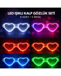 LED Işıklı Kalp Pilli Parti Gözlüğü – 6 Adet / 5 Renk Set