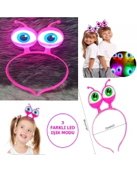 Led Işıklı & Pilli 3 Farklı Modda Yanan Uzaylı Göz Parti Tacı Pembe Renk 18x12 cm