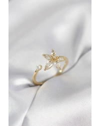 Lotus Model Zirkon Taşlı Gold Renk Kadın Yüzük