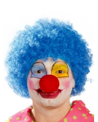 Mavi Renk Kıvırcık Afro Bonus Peruk Takma Saç ve Kırmızı Burun Seti