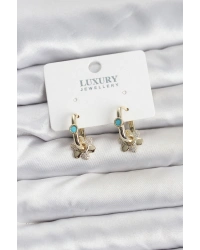 Mavi Taş Detaylı Pirinç Gold Renk Kadın Göçmen Küpesi