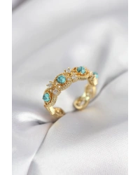 Mavi Taşlı Gold Renk Vintage Kadın Yüzük