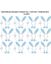 Mavi Tavşan Kostüm Seti – Taç, Papyon, Ponpon (12’li Paket)
