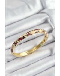 Mineli Pirinç Fuşya Ve Krem Petek Motifli Gold Renk Kadın Kelepçe