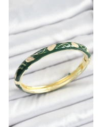 Mineli Pirinç Gold Renk Yeşil Çiçek Motifli Kadın Kelepçe