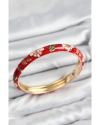 Mineli Pirinç Kırmızı Çiçek Motifli Gold Kadın Kelepçe