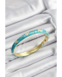 Mineli Pirinç Krem Ve Turkuaz Yaprak Motifli Gold Renk Kadın Kelepçe