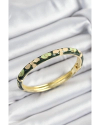 Mineli Pirinç Krem Ve Yeşil Çiçek Motifli Gold Renk Kadın Kelepçe