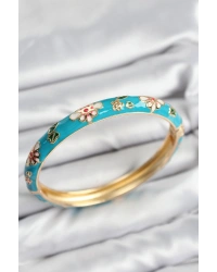 Mineli Pirinç Mavi Çiçek Motifli Gold Kadın Kelepçe