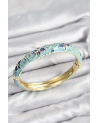 Mineli Pirinç Turkuaz Çiçek Motifli Gold Kadın Kelepçe