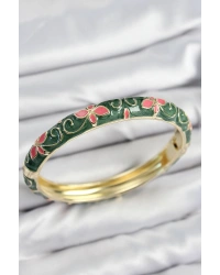 Mineli Pirinç Yeşil Çiçek Motifli Gold Kadın Kelepçe