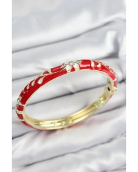 Mineli Pirinç Zirkon Taşlı Kırmızı Çiçek Motifli Gold Kadın Kelepçe