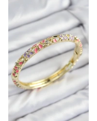Mineli Pirinç Zirkon Taşlı Pembe Mor Çiçek Motifli Gold Kadın Kelepçe