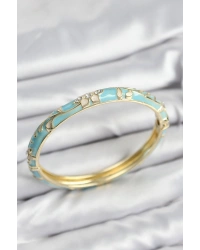 Mineli Pirinç Zirkon Taşlı Turkuaz Çiçek Motifli Gold Kadın Kelepçe