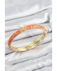 Mineli Pirinç Zirkon Taşlı Turuncu Çiçek Motifli Gold Kadın Kelepçe