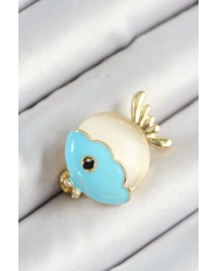 Mineli Turkuaz Ve Krem Balık Figürlü Gold Renk Kadın Broş