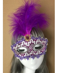 Mor Dantel İşlemeli Mor Tüylü Balo Parti Maskesi 17x20 cm