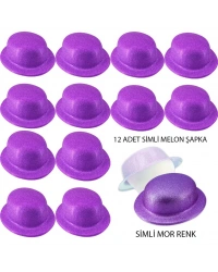Mor Renk Simli Melon Yuvarlak Parti Şapkası 12 Adet