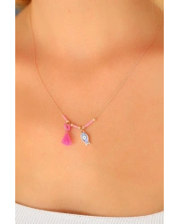 Nazar Boncuklu Pembe Renk Taşlı Rose Bayan Kolye