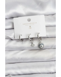 Nazar Model Gümüş Renk Pirinç 3lü Kadın Küpe Seti