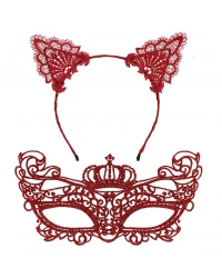NessiWorld Lüks Kırmızı Dantel Taçlı Maske Seti 2 No - Parti, Balo, Kostüm Aksesuarı
