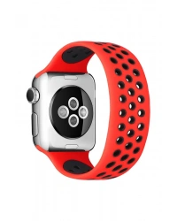 Newface Apple Watch 38mm Ayarlı Delikli Silikon Kordon - Kırmızı-Siyah