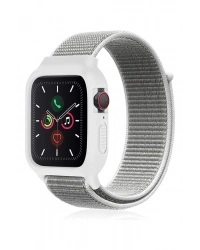 Newface Apple Watch 38mm Hasırlı Cırtcırtlı Kasalı Kordon - Beyaz
