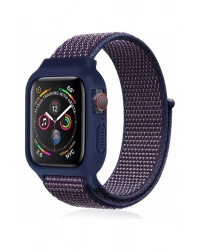 Newface Apple Watch 38mm Hasırlı Cırtcırtlı Kasalı Kordon - Lacivert-Mürdüm