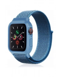 Newface Apple Watch 38mm Hasırlı Cırtcırtlı Kasalı Kordon - Mavi