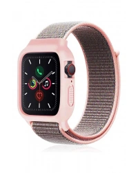 Newface Apple Watch 38mm Hasırlı Cırtcırtlı Kasalı Kordon - Pembe