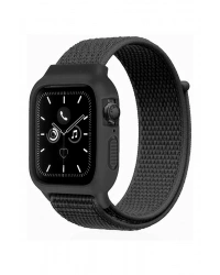 Newface Apple Watch 38mm Hasırlı Cırtcırtlı Kasalı Kordon - Siyah