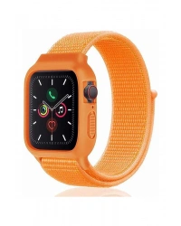 Newface Apple Watch 42mm Hasırlı Cırtcırtlı Kasalı Kordon - Turuncu