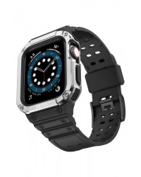 Newface Apple Watch 42mm KR401 Silikon Kordon - Siyah-Gümüş