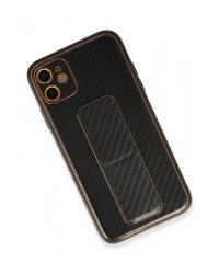 Newface iPhone 12 Kılıf Coco Karbon Standlı Kapak - Siyah