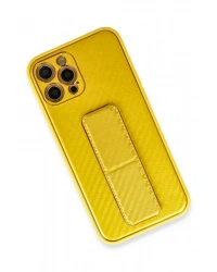 Newface iPhone 12 Pro Max Kılıf Coco Karbon Standlı Kapak - Sarı
