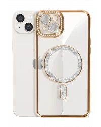 Newface iPhone 15 Kılıf Joke Simli Magneticsafe Kılıf - Gold