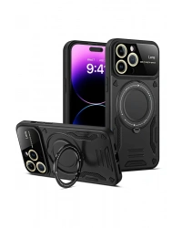 Newface iPhone 15 Pro Kılıf Joy Lens Standlı Kapak - Siyah